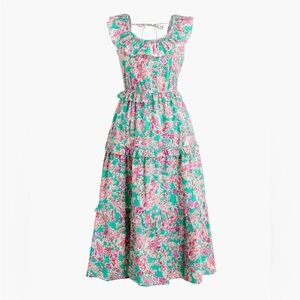 J. Crew ** Pink Green Swiss Dot Printed Ruffle Collar Midi Dress with Tie Back